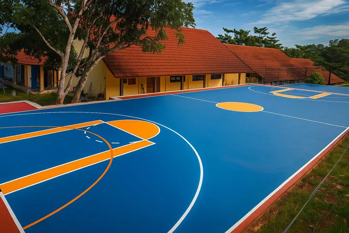 Lapangan basket outdoor dengan acrylic coating biru-oranye